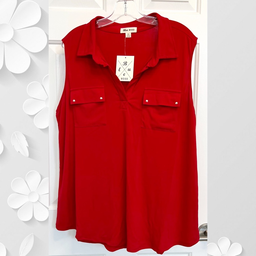 Blue Mood Red Button Top Size 2X